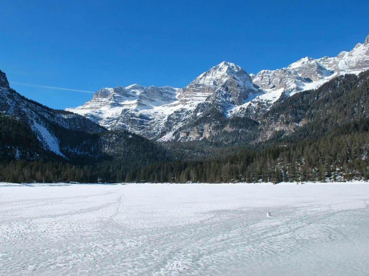 O mesmo caminho estreito através de quatro estações no lago de montanha